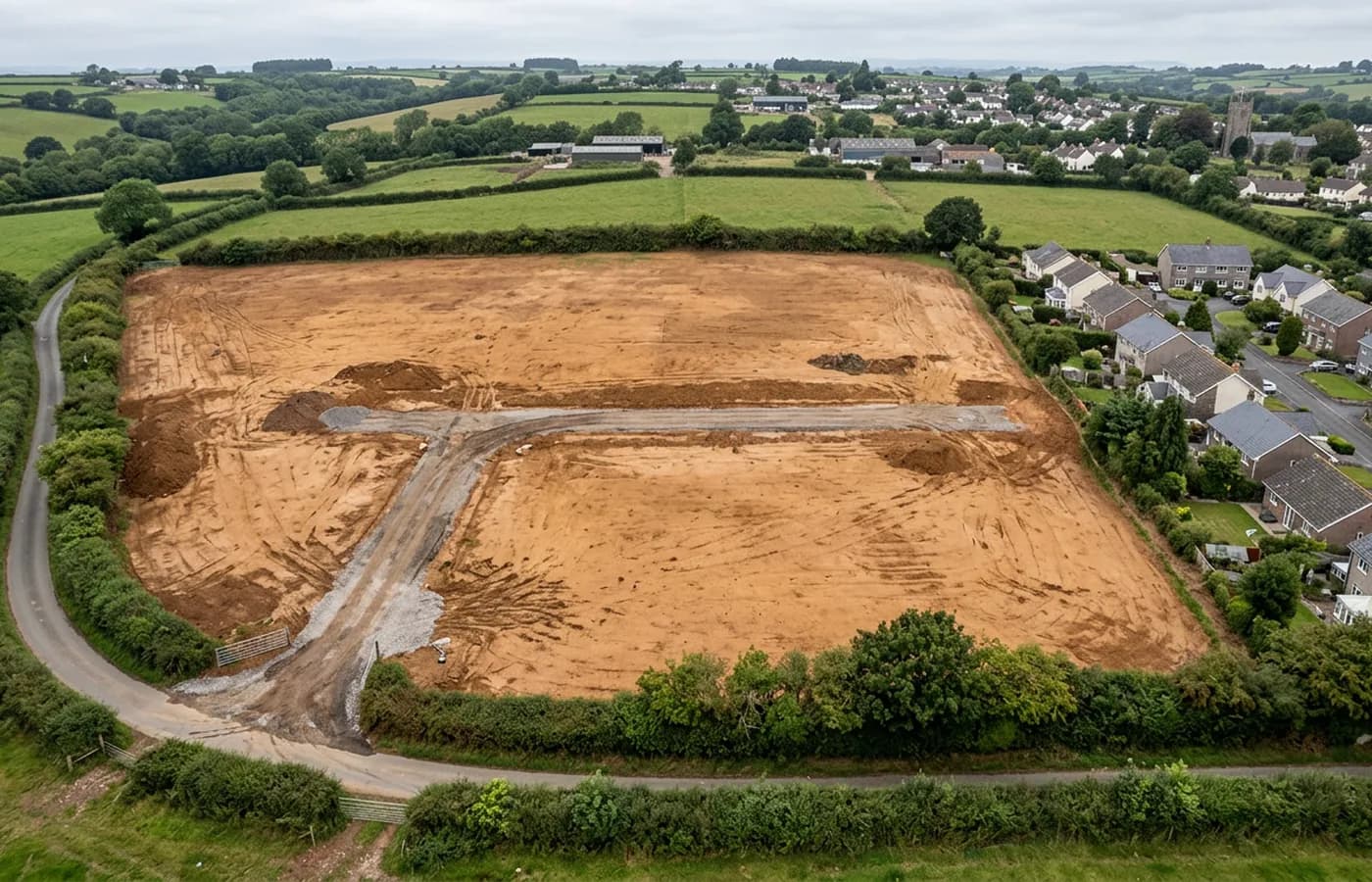An aerial view of a cleared development plot on the edge of a Devon town, with hedge boundaries, site access and the first road formation levels visible