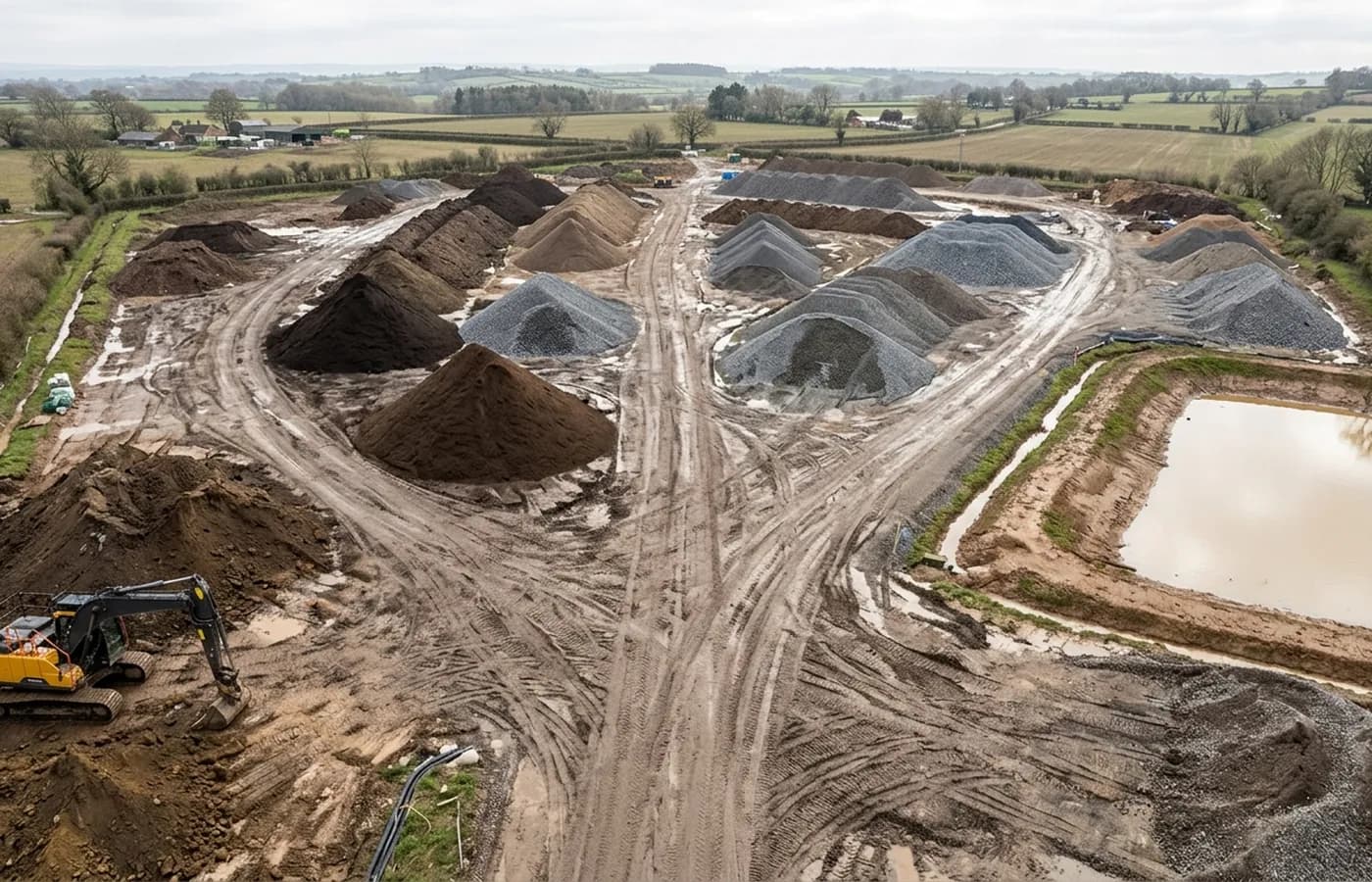 Aerial view of earthworks on a construction site with graded topsoil stockpiles, haul routes and a tracked excavator working the platform